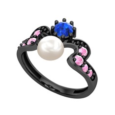 Ner İnci Yüzük - Inci, lab safir ve pembe kuvars 925 ayar siyah rodyum kaplama gümüş yüzük #w4akcs