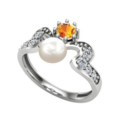 Ner İnci Yüzük - Inci, sitrin ve swarovski 14 ayar beyaz altın yüzük #w5i7h5