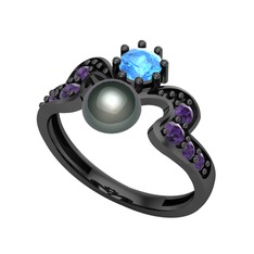 Ner İnci Yüzük - Siyah inci, akuamarin ve ametist 925 ayar siyah rodyum kaplama gümüş yüzük #w78mr3