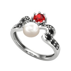 Ner İnci Yüzük - Inci, garnet ve siyah zirkon 18 ayar beyaz altın yüzük #xbbv1u