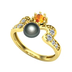 Ner İnci Yüzük - Siyah inci, sitrin ve swarovski 925 ayar altın kaplama gümüş yüzük #xcmgg7