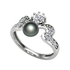 Siyah inci, pırlanta ve swarovski 14 ayar beyaz altın yüzük (0.35 karat)
