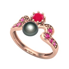 Siyah inci, kök yakut ve rodolit garnet 8 ayar rose altın yüzük