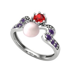Ner İnci Yüzük - Pembe inci, garnet ve ametist 8 ayar beyaz altın yüzük #xs98j0