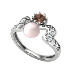 Ner İnci Yüzük - Pembe inci, dumanlı kuvars ve pırlanta 18 ayar beyaz altın yüzük (0.48 karat) #xv5x2u