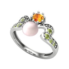 Ner İnci Yüzük - Pembe inci, sitrin ve peridot 8 ayar beyaz altın yüzük #y0hu73