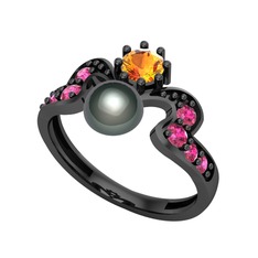 Ner İnci Yüzük - Siyah inci, sitrin ve rodolit garnet 925 ayar siyah rodyum kaplama gümüş yüzük #y54tw9