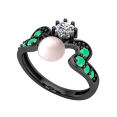 Ner İnci Yüzük - Pembe inci, swarovski ve kök zümrüt 925 ayar siyah rodyum kaplama gümüş yüzük #y5520k