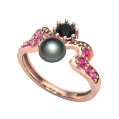 Ner İnci Yüzük - Siyah inci, siyah zirkon ve rodolit garnet 8 ayar rose altın yüzük #ymttmn