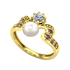 Ner İnci Yüzük - Inci, beyaz zirkon ve dumanlı kuvars 8 ayar altın yüzük #z0tcs6