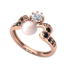 Ner İnci Yüzük - Pembe inci, pırlanta ve siyah zirkon 8 ayar rose altın yüzük (0.35 karat) #z2b1cp