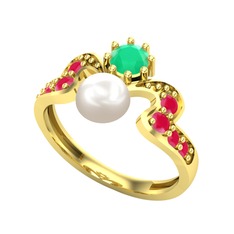 Ner İnci Yüzük - Inci, kök zümrüt ve kök yakut 8 ayar altın yüzük #z42xfp