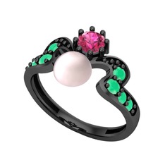 Ner İnci Yüzük - Pembe inci, rodolit garnet ve kök zümrüt 925 ayar siyah rodyum kaplama gümüş yüzük #z5p9mv