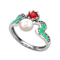 Ner İnci Yüzük - Inci, garnet ve kök zümrüt 18 ayar beyaz altın yüzük #z8jwtu