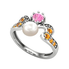 Inci, pembe kuvars ve sitrin 14 ayar beyaz altın yüzük
