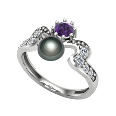 Ner İnci Yüzük - Siyah inci, ametist ve beyaz zirkon 8 ayar beyaz altın yüzük #zim26o