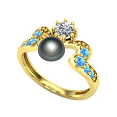 Ner İnci Yüzük - Siyah inci, swarovski ve akuamarin 8 ayar altın yüzük #zoslx5