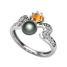 Ner İnci Yüzük - Siyah inci, sitrin ve swarovski 14 ayar beyaz altın yüzük #ztmo51