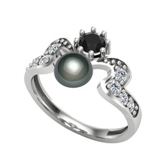 Ner İnci Yüzük - Siyah inci, siyah zirkon ve swarovski 8 ayar beyaz altın yüzük #zz5s5m