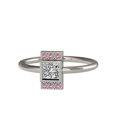 Minimal Prenses Kesim Tektaş Yüzük - Swarovski ve pembe kuvars 14 ayar beyaz altın yüzük #10jl01y