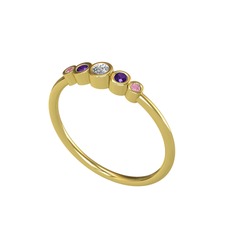 Minimal 5 Taşlı Yüzük - Swarovski, ametist ve pembe kuvars 925 ayar altın kaplama gümüş yüzük #10ovw