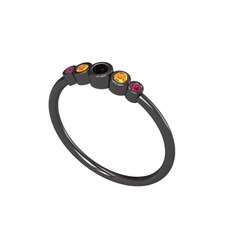 Minimal 5 Taşlı Yüzük - Siyah zirkon, sitrin ve rodolit garnet 925 ayar siyah rodyum kaplama gümüş yüzük #13jvw7g