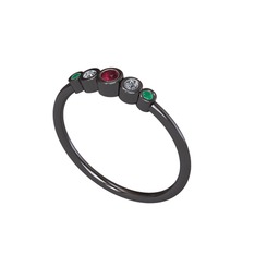 Minimal 5 Taşlı Yüzük - Kök yakut, pırlanta ve kök zümrüt 925 ayar siyah rodyum kaplama gümüş yüzük (0.072 karat) #13qtu60