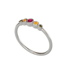 Minimal 5 Taşlı Yüzük - Rodolit garnet, sitrin ve peridot 18 ayar beyaz altın yüzük #15ddtuh