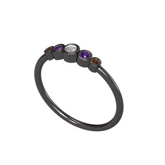 Minimal 5 Taşlı Yüzük - Swarovski, ametist ve dumanlı kuvars 925 ayar siyah rodyum kaplama gümüş yüzük #15obc8v