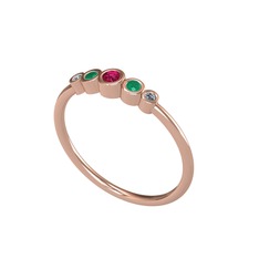 Minimal 5 Taşlı Yüzük - Rodolit garnet, kök zümrüt ve elmas 18 ayar rose altın yüzük (0.03 karat) #1bicue0