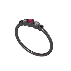 Minimal 5 Taşlı Yüzük - Rodolit garnet, pırlanta ve siyah zirkon 925 ayar siyah rodyum kaplama gümüş yüzük (0.072 karat) #1g4qmw2