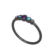 Minimal 5 Taşlı Yüzük - Ametist, akuamarin ve elmas 925 ayar siyah rodyum kaplama gümüş yüzük (0.03 karat) #1gtuas9