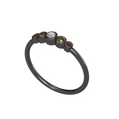 Minimal 5 Taşlı Yüzük - Swarovski, peridot ve dumanlı kuvars 925 ayar siyah rodyum kaplama gümüş yüzük #1gvr1bl