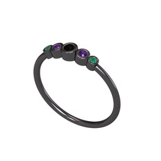 Minimal 5 Taşlı Yüzük - Siyah zirkon, ametist ve kök zümrüt 925 ayar siyah rodyum kaplama gümüş yüzük #1i7z0jy