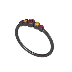 Minimal 5 Taşlı Yüzük - Kök yakut, sitrin ve rodolit garnet 925 ayar siyah rodyum kaplama gümüş yüzük #1k0giei