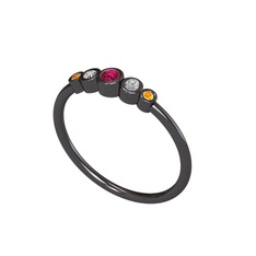 Minimal 5 Taşlı Yüzük - Rodolit garnet, swarovski ve sitrin 925 ayar siyah rodyum kaplama gümüş yüzük #1lw3ex7
