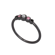 Minimal 5 Taşlı Yüzük - Swarovski, pembe kuvars ve siyah zirkon 925 ayar siyah rodyum kaplama gümüş yüzük #1n86r34