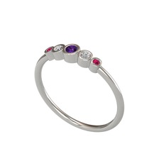 Minimal 5 Taşlı Yüzük - Ametist, swarovski ve rodolit garnet 14 ayar beyaz altın yüzük #1okjgz9