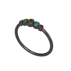 Minimal 5 Taşlı Yüzük - Peridot, kök zümrüt ve garnet 925 ayar siyah rodyum kaplama gümüş yüzük #1t8ouzi