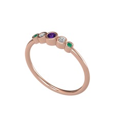 Minimal 5 Taşlı Yüzük - Ametist, swarovski ve kök zümrüt 14 ayar rose altın yüzük #1usx63