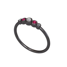 Minimal 5 Taşlı Yüzük - Swarovski, rodolit garnet ve elmas 925 ayar siyah rodyum kaplama gümüş yüzük (0.03 karat) #1v5t83x