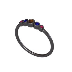 Minimal 5 Taşlı Yüzük - Dumanlı kuvars, lab safir ve rodolit garnet 925 ayar siyah rodyum kaplama gümüş yüzük #1xch2fh