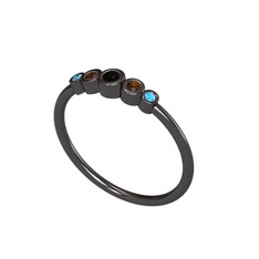 Minimal 5 Taşlı Yüzük - Siyah zirkon, dumanlı kuvars ve akuamarin 925 ayar siyah rodyum kaplama gümüş yüzük #1xupk5g