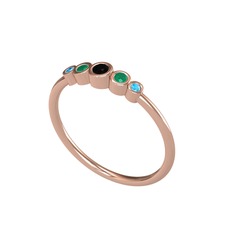 Siyah zirkon, kök zümrüt ve akuamarin 14 ayar rose altın yüzük