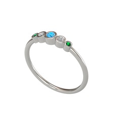 Minimal 5 Taşlı Yüzük - Akuamarin, swarovski ve yeşil kuvars 8 ayar beyaz altın yüzük #26tnkh