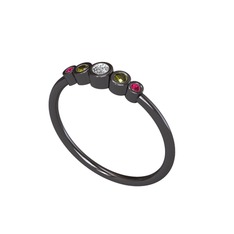 Minimal 5 Taşlı Yüzük - Beyaz zirkon, peridot ve rodolit garnet 925 ayar siyah rodyum kaplama gümüş yüzük #27jzhi