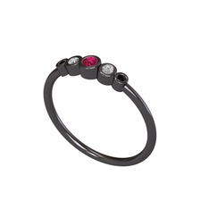 Minimal 5 Taşlı Yüzük - Rodolit garnet, beyaz zirkon ve siyah zirkon 925 ayar siyah rodyum kaplama gümüş yüzük #2u4sxn