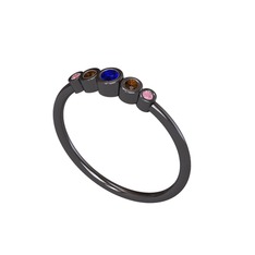 Minimal 5 Taşlı Yüzük - Lab safir, dumanlı kuvars ve pembe kuvars 925 ayar siyah rodyum kaplama gümüş yüzük #32avik