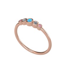 Akuamarin, elmas ve pembe kuvars 18 ayar rose altın yüzük (0.072 karat)