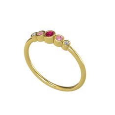 Minimal 5 Taşlı Yüzük - Rodolit garnet, pembe kuvars ve swarovski 8 ayar altın yüzük #41ilht